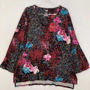 Natori size 2X Multi Color Floral Artsy Romantic V Neck Stretch Knit Blouse